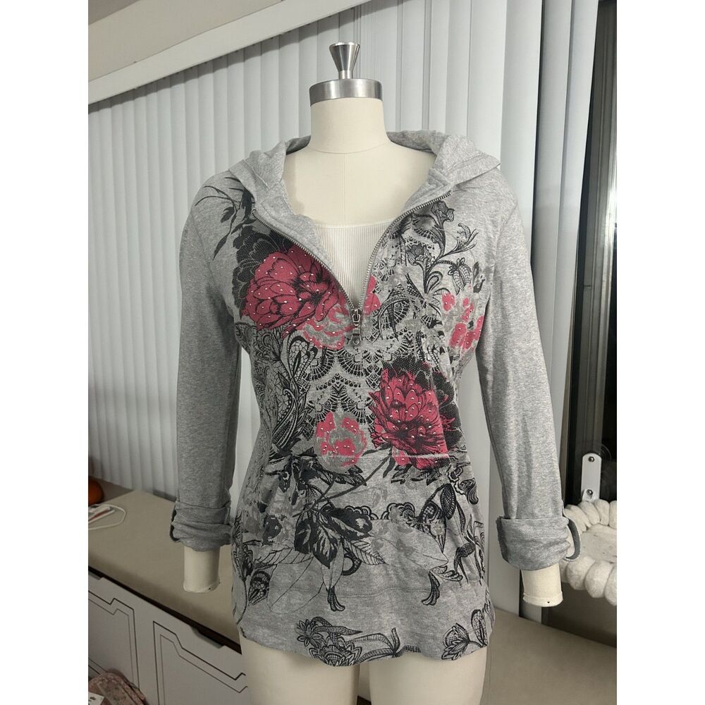 Style & Co Gray Floral Rhinestone Zip Hoodie Womens M Hooded 3/4 Sleeve Y2K